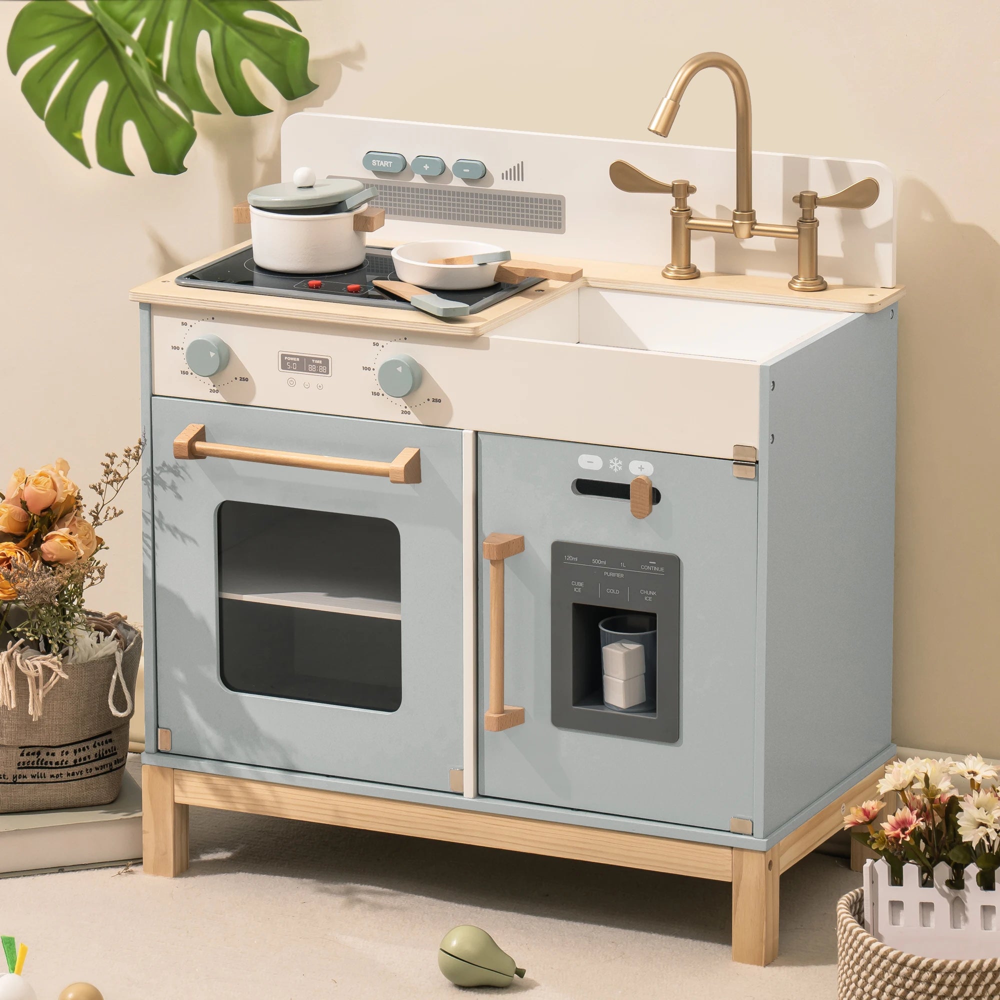 Montessori Wooden Play Kitchen with Lights & Sounds - Blue or White
