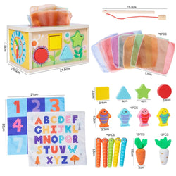 Montessori Baby Wooden Tissue Box Toy: Sensory learning toy for infants 6-12 months and toddlers. Multi-activity playset with magnetic fishing, carrot harvesting, and more!