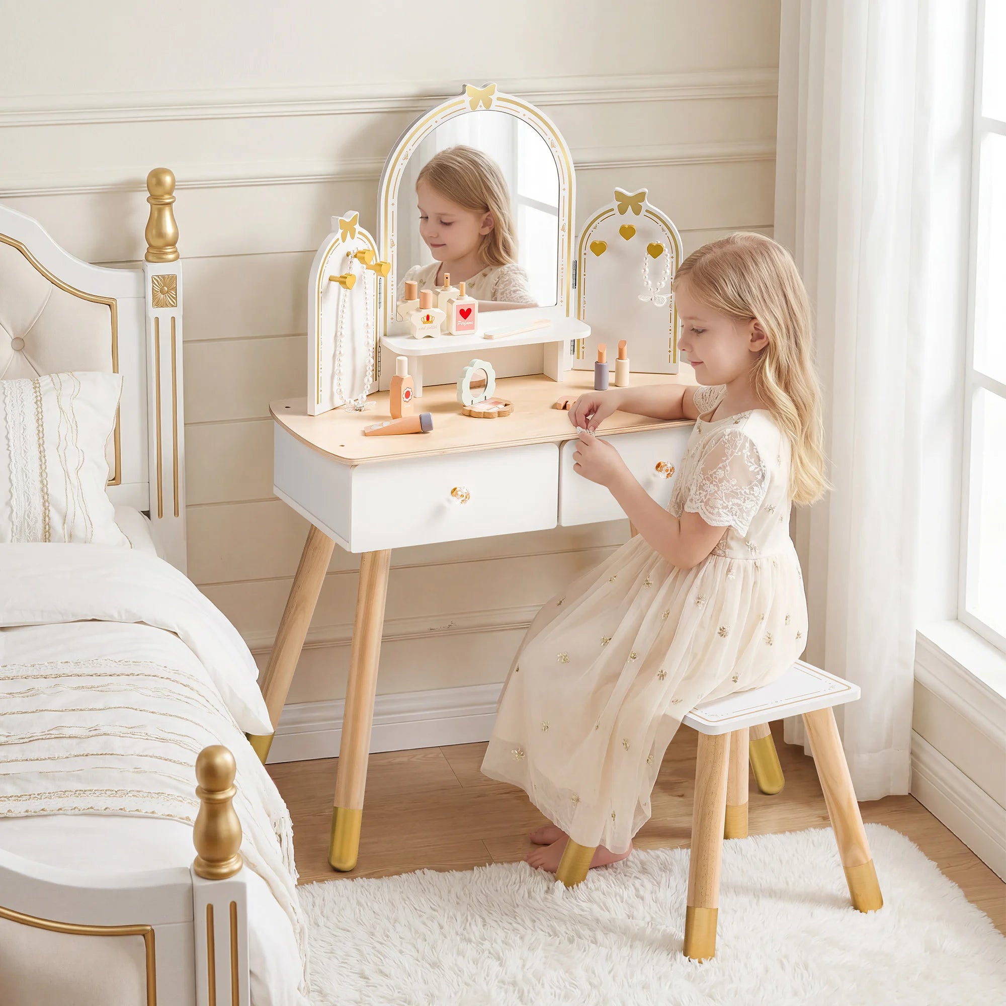 Wooden Kids Vanity Table with Mirror and Stool