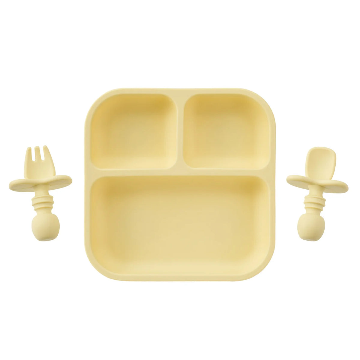 Square silicone suction plate set with spoon and fork in Light Yellow