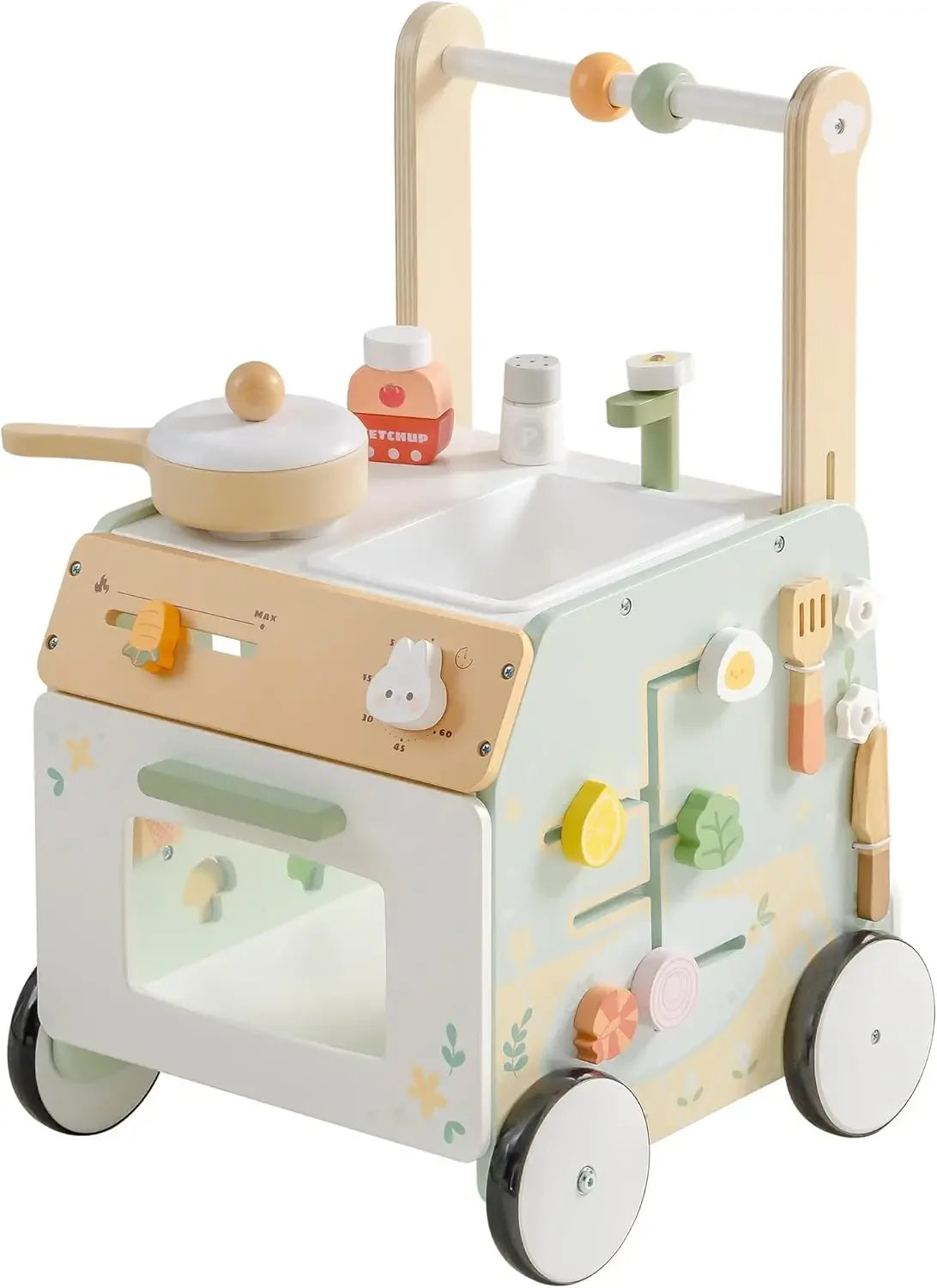 Children's toy kitchen set with various utensils and a sink on a white background