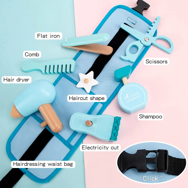 Collection of hairdressing tools with labels on a blue and pink background