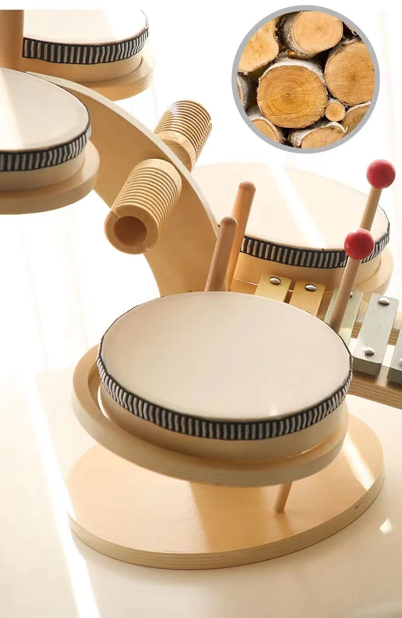 Kids Montessori Wooden Multi-Functional Drum Music Station