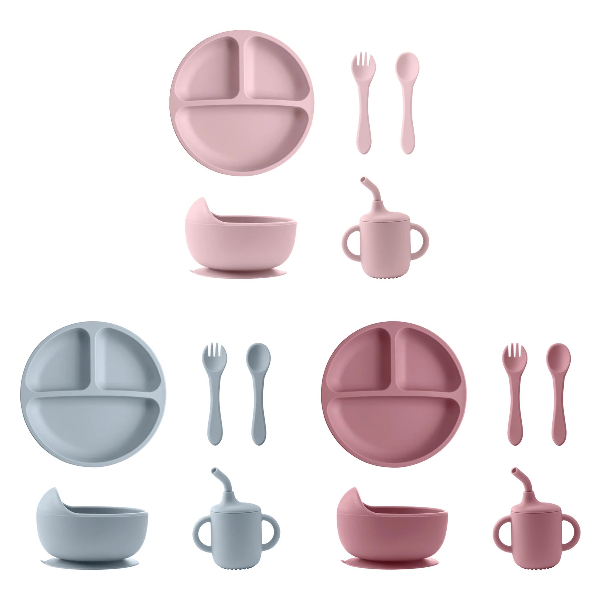 Feeding sets in light pink, grey blue and mauve