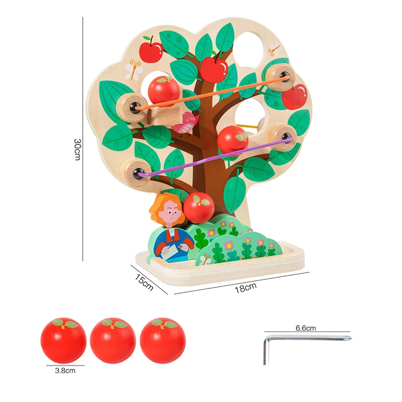 Wooden toy with apple tree design and measurements on a white background