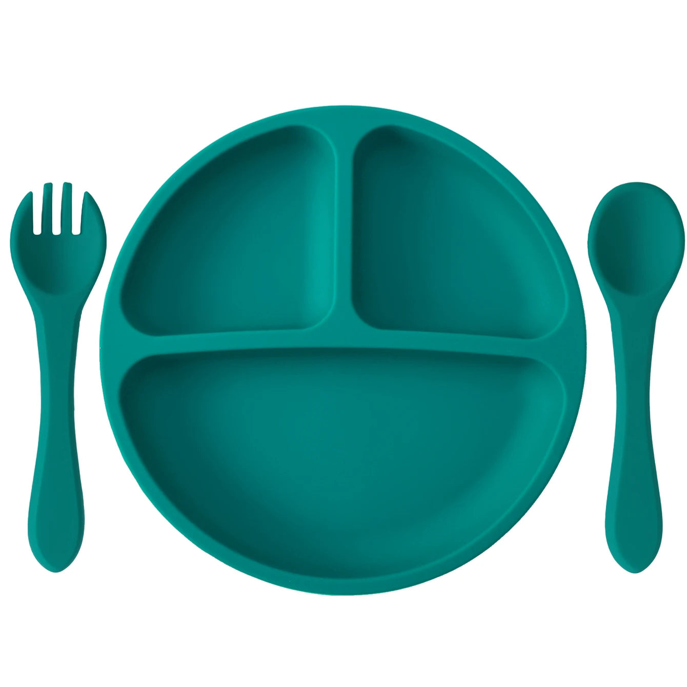 Teal round divided plate with matching spoon and fork