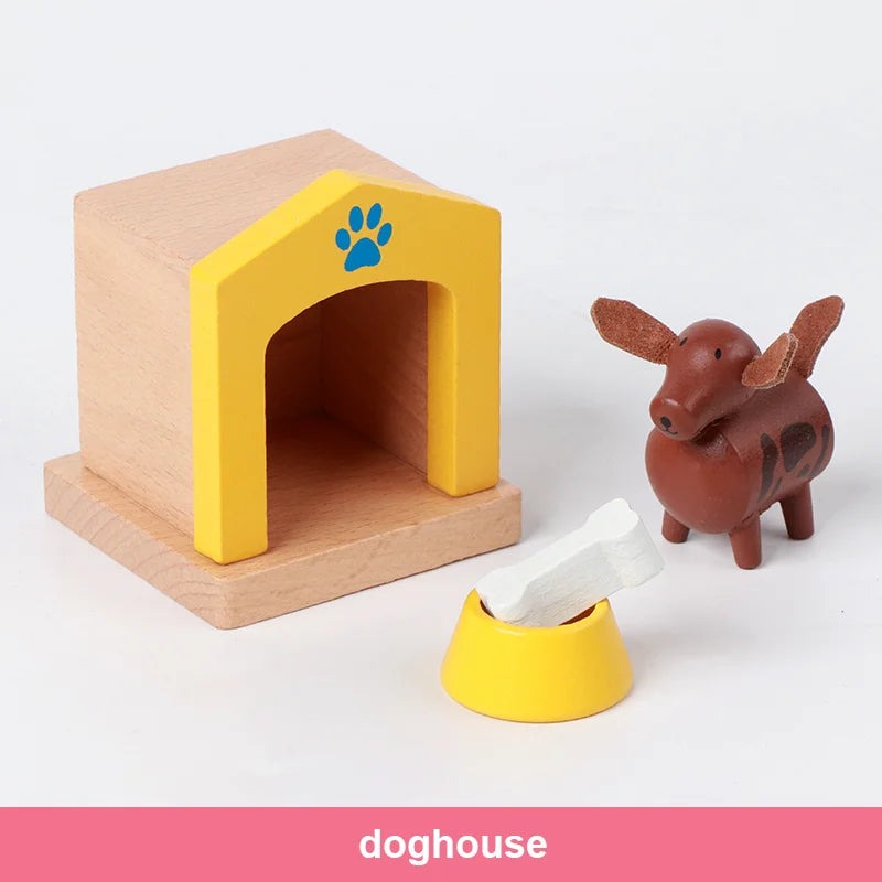 Wooden doghouse with a yellow entrance, a small brown dog figurine, and a yellow bowl on a white background.