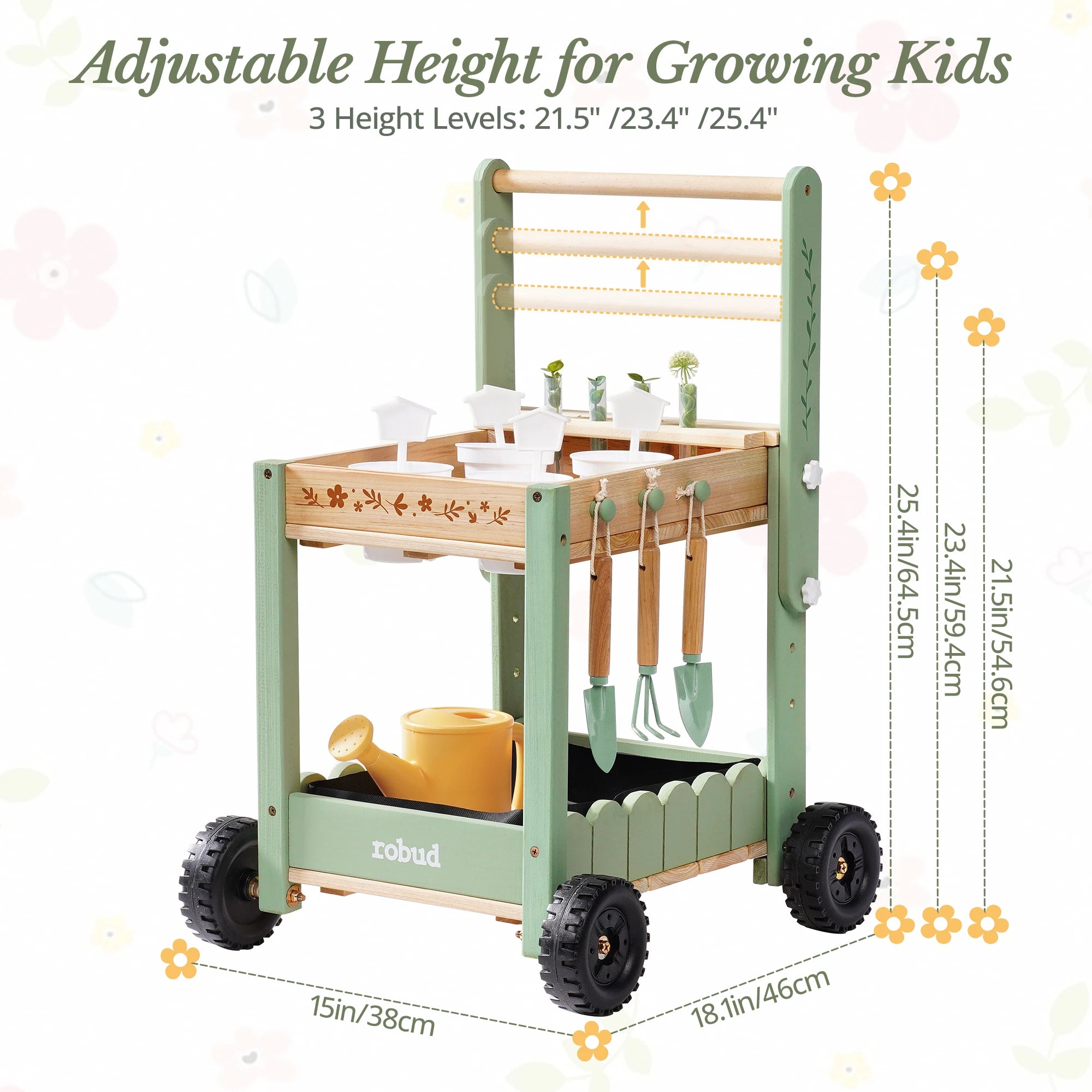 Wooden Kids Garden Cart with Tools and Planters
