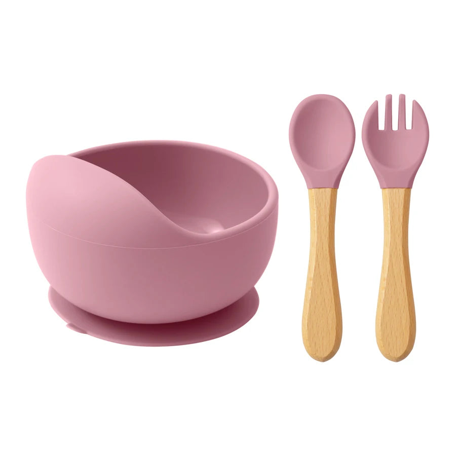 Rose Pink silicone suction bowl with wooden spoon and fork