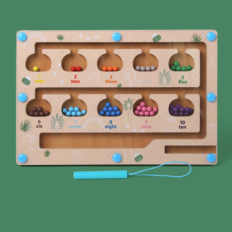 Wooden counting puzzle with colorful beads on a green background