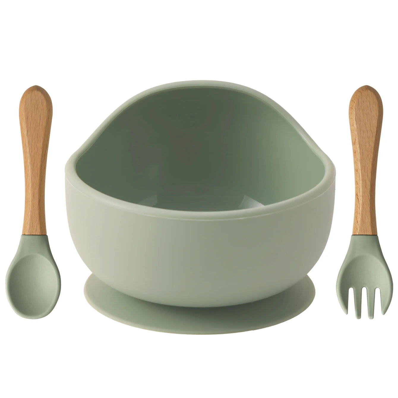 Sage silicone suction bowl with wooden spoon and fork