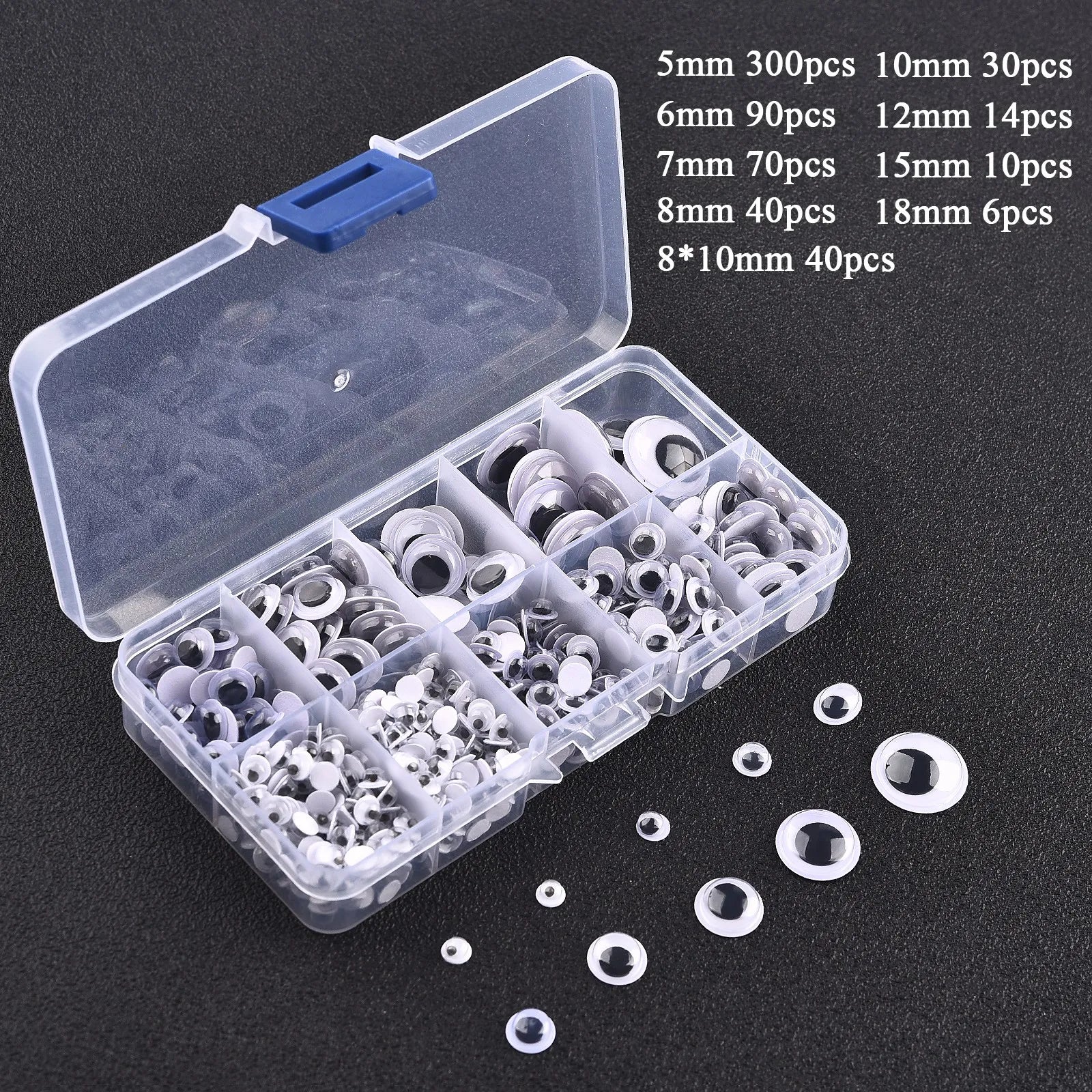 Movable Googly Eyes in a plastic container, ideal for kindergarten crafts with various sizes for creative projects.