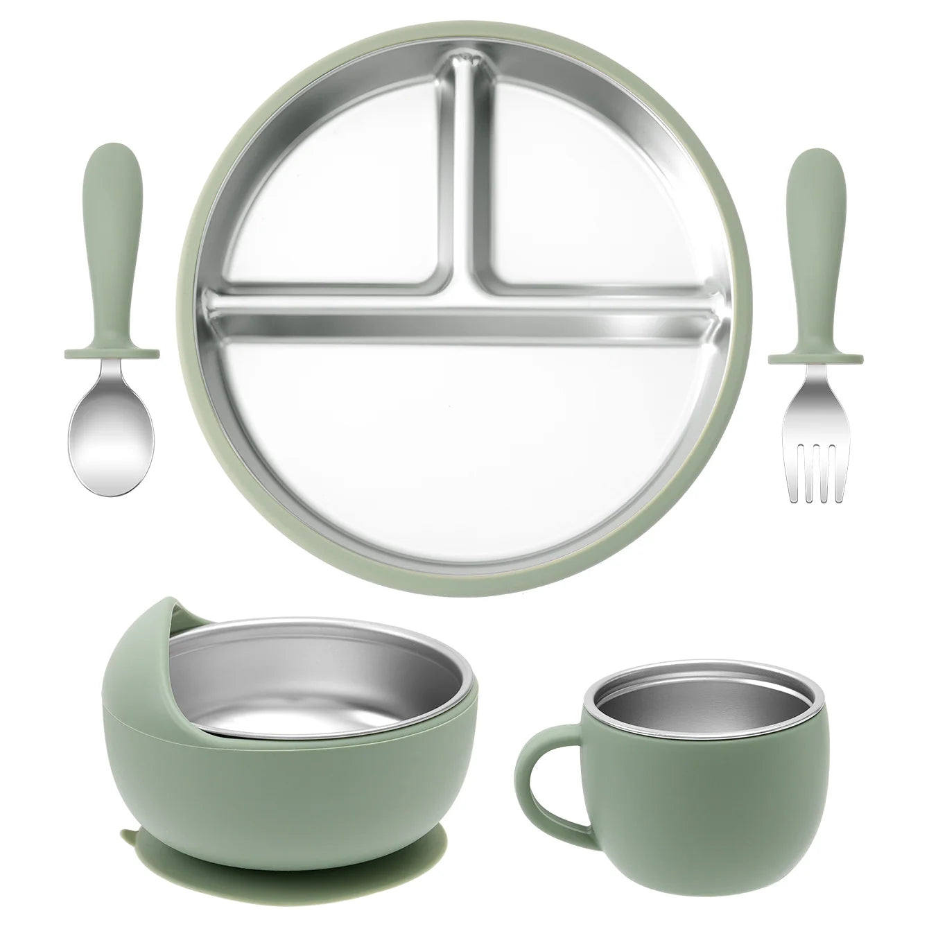 5-Piece Stainless Steel Silicone Baby Feeding Set with Cup | Oliver Montessori Toys