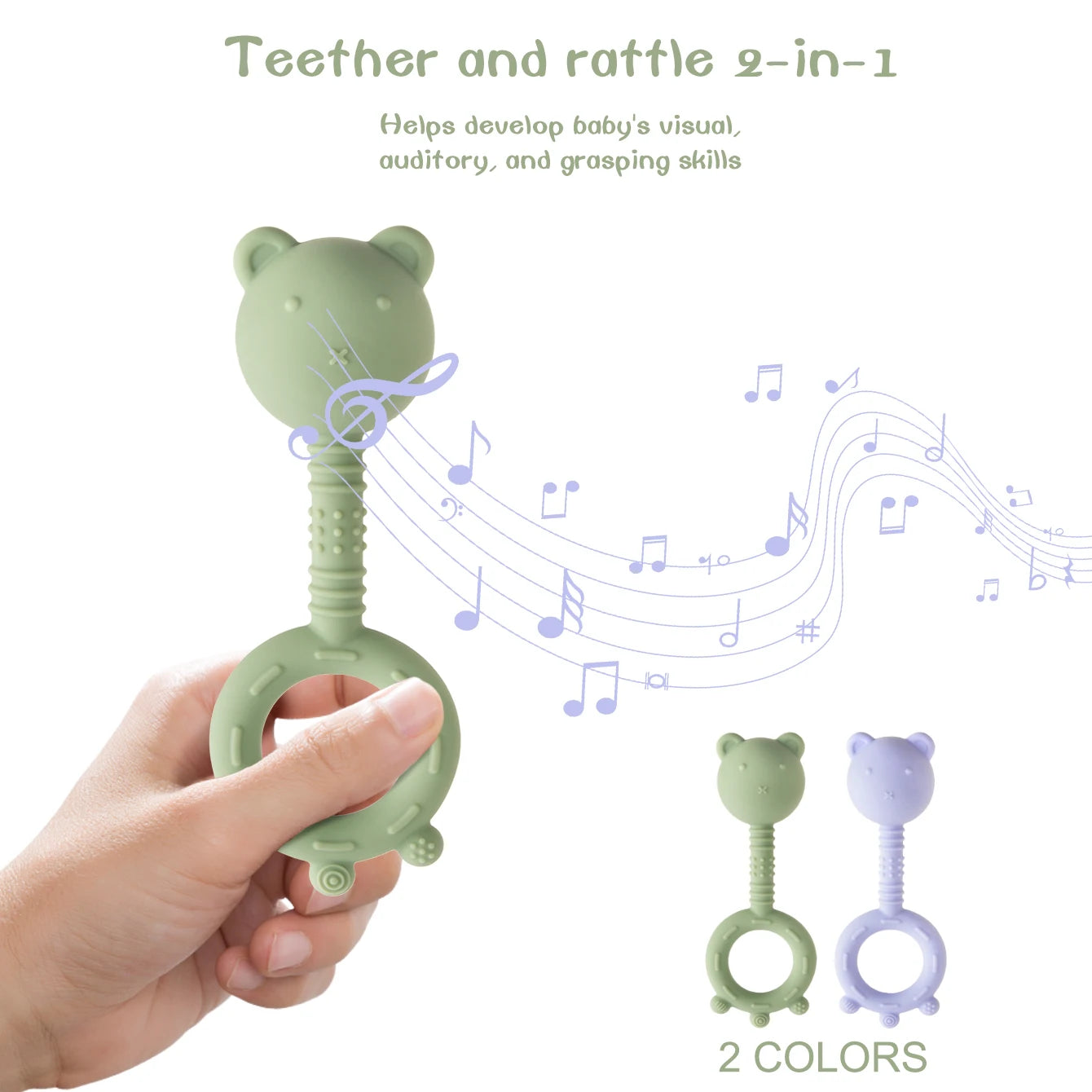 Green teether and rattle with musical notes and text about baby development on a white background