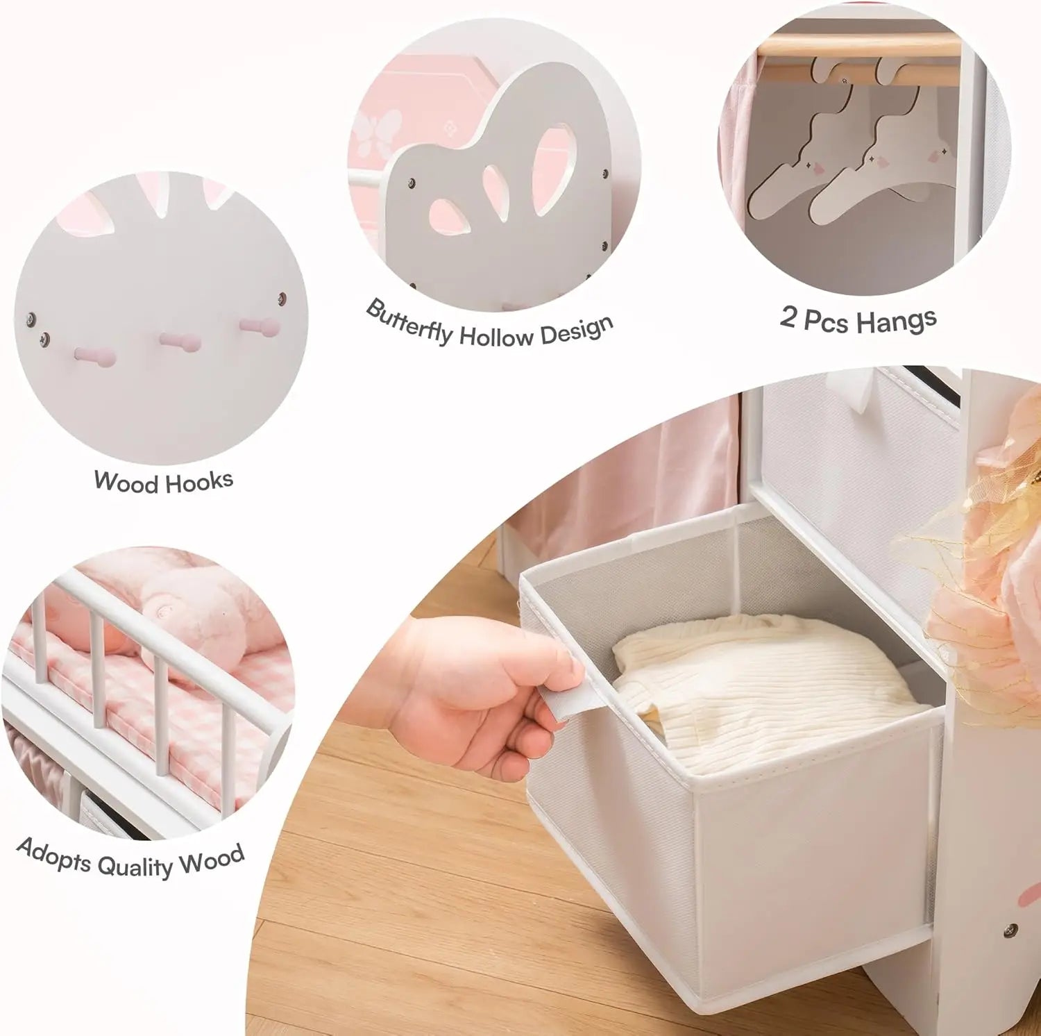 White storage cube with hooks, butterfly hollow design, and quality wood details.