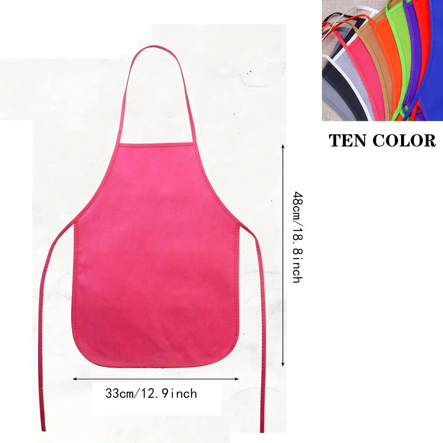 Pink apron with measurements on a white background, inset showing color options.