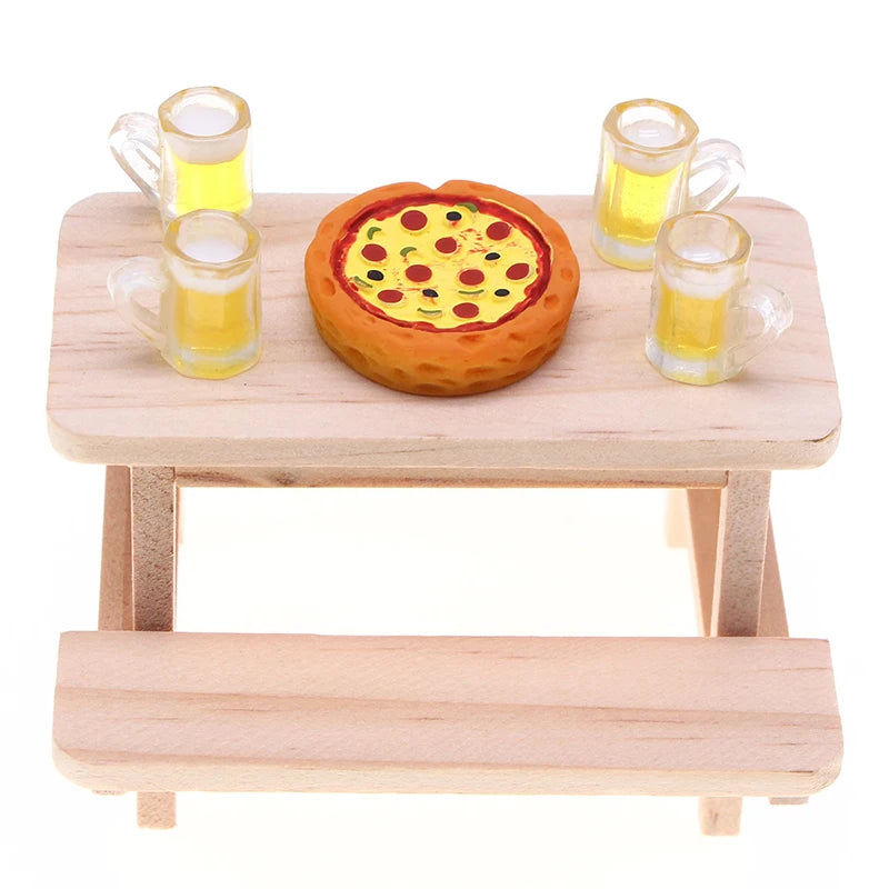 Wooden toy table with a pizza and drinks on a white background, Oliver & Company Montessori Toys