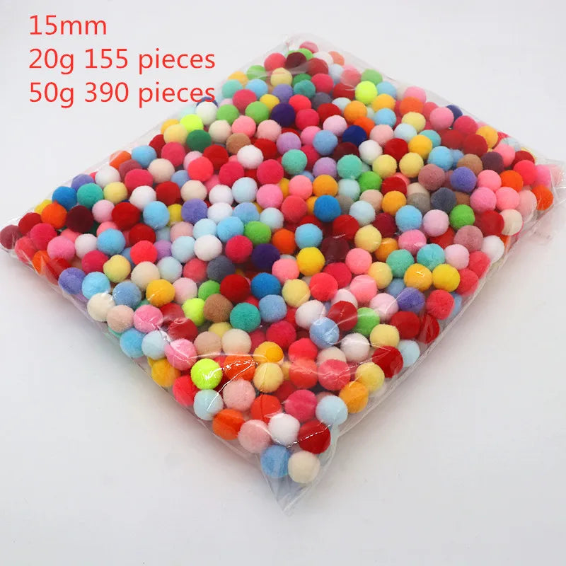8-30mm Mixed High Elasticity Soft Pompoms in a clear bag, ideal for creative DIY crafts and projects, enhancing imaginative play for children.