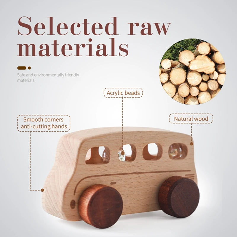 Baby Montessori Wooden Cartoon Bus, a beech wood toy with wheels, designed for imaginative play, enhancing motor skills and coordination for young children.