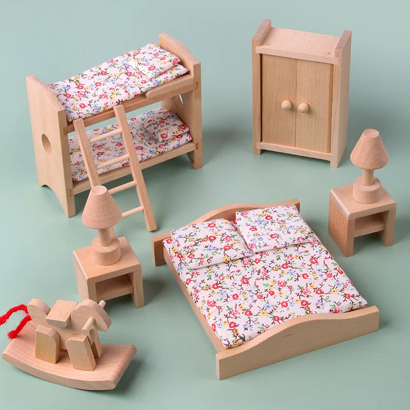 Wooden dollhouse furniture set with floral bedding on a light green background