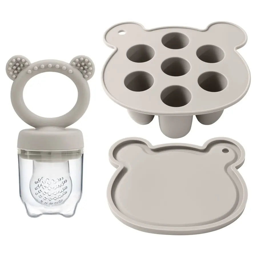 Light grey popsicle tray, lid and fruit feeder