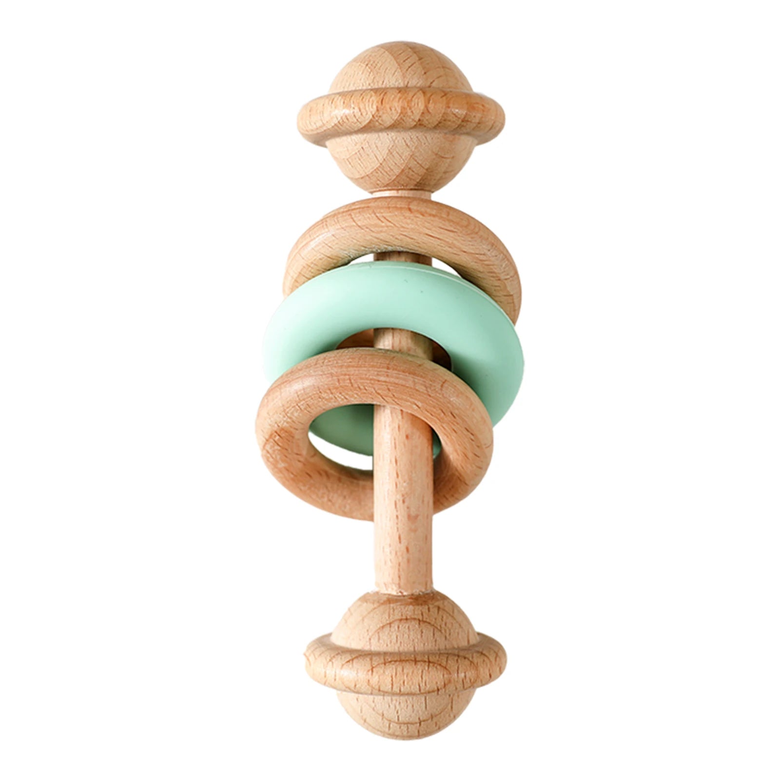 Wooden Baby Rattles with Silicone Rings, featuring a wooden structure and a blue silicone ring, designed for sensory exploration and motor skill development in infants.