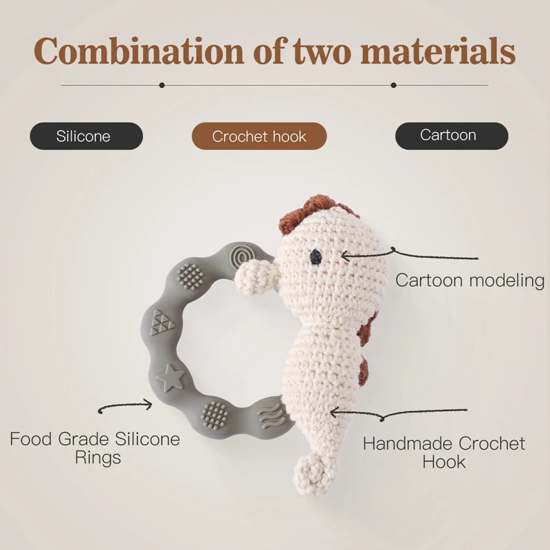 Teething toy with silicone ring and crochet hook, labeled 'Combination of two materials'.