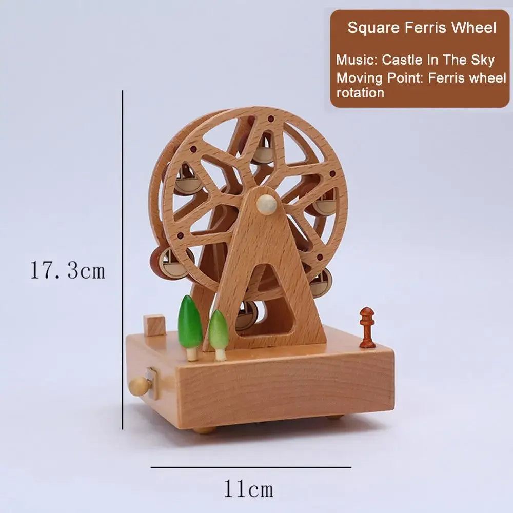 Wooden square Ferris wheel model with dimensions and music information on a light gray background | Oliver & Company Montessori Toys