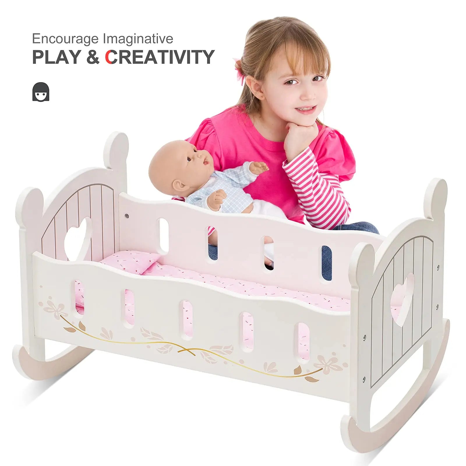 Child playing with a baby doll in a white crib, with text encouraging imaginative play and creativity.