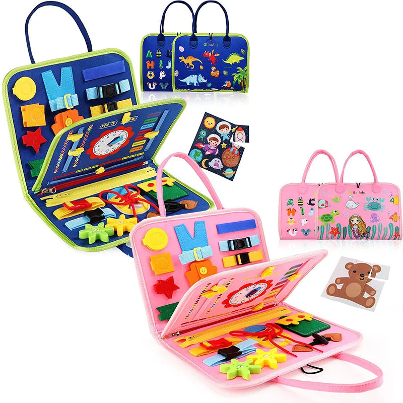 Colorful educational toys with various shapes and letters on a white background