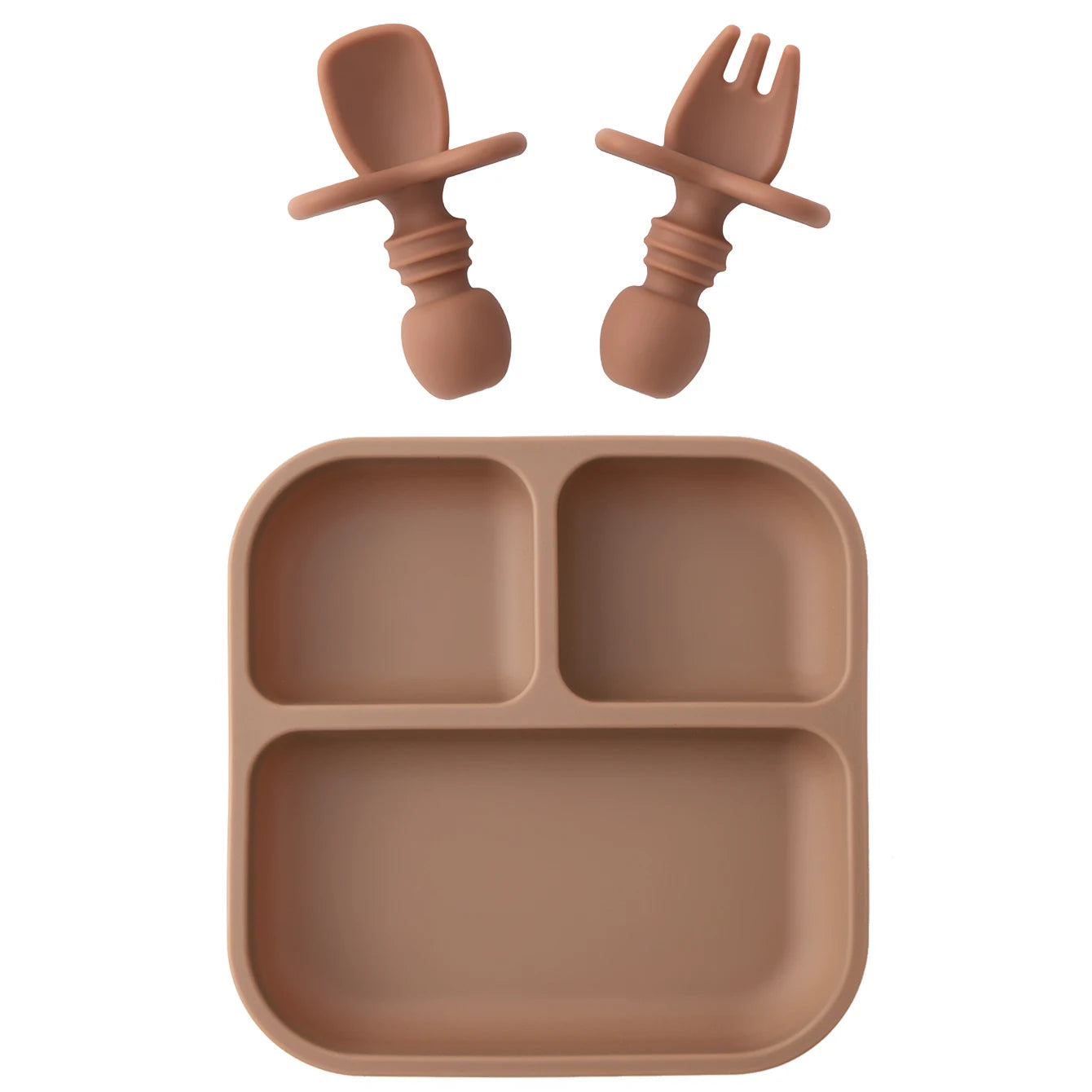 Brown children's plate with two matching spoons and a fork on a white background