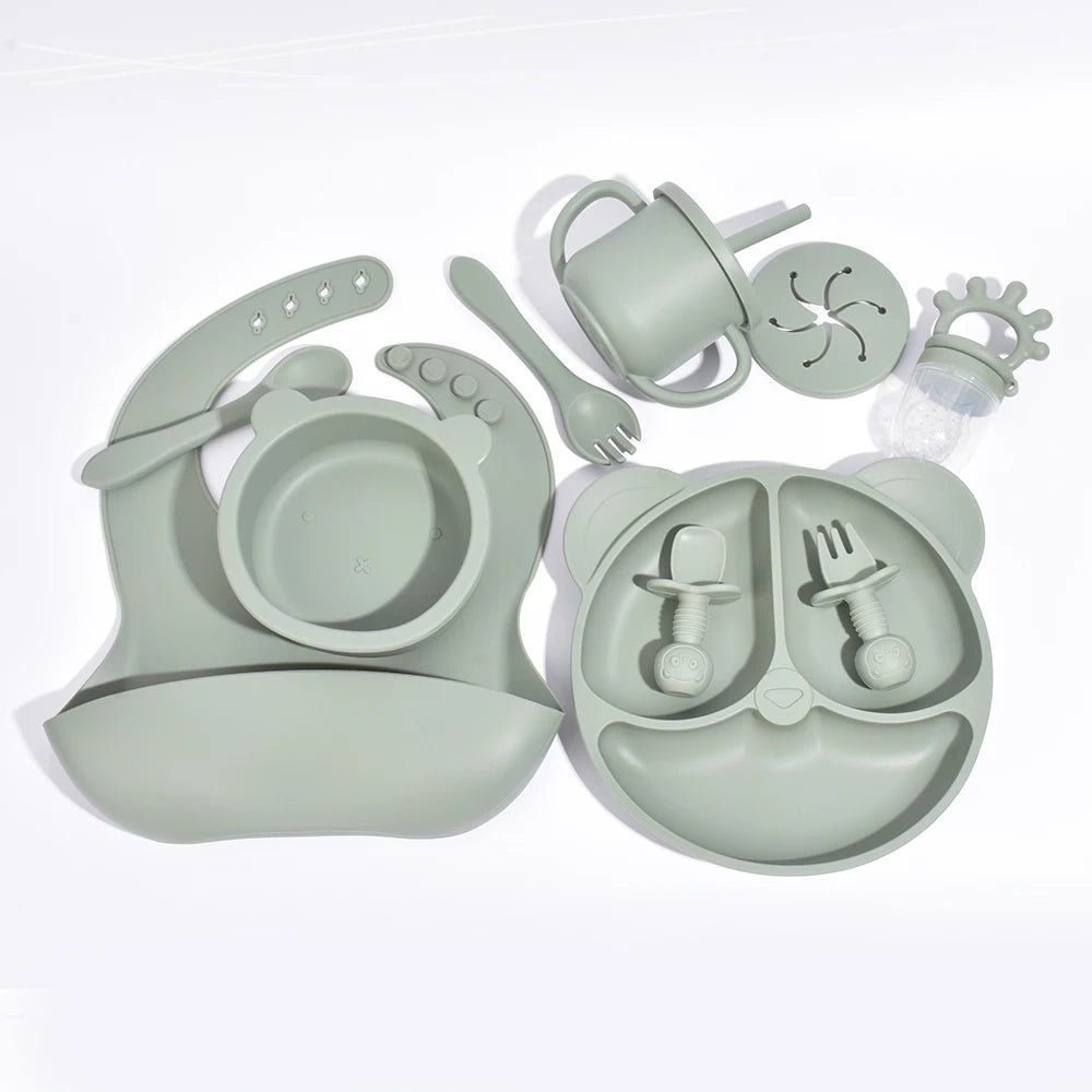 Sage 10-piece bear silicone feeding set with bib, plate, bowl, cup and feeder