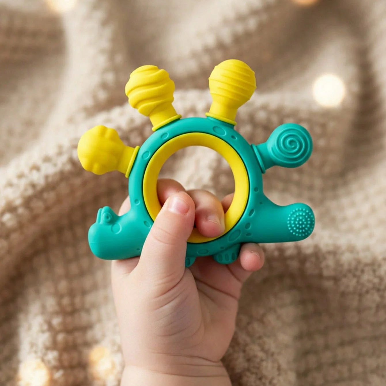A baby teething toy held in a small hand, featuring a teal and yellow design with textured bumps and a spiral detail, set against a cozy, softly blurred knitted blanket background.