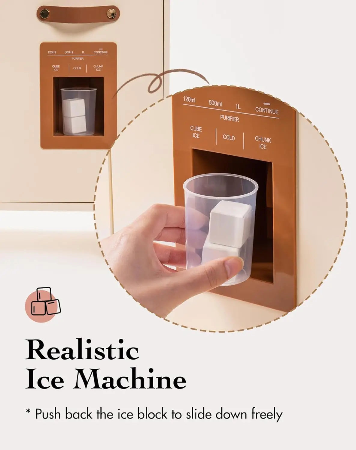 Realistic ice machine with a hand pulling out an ice cube, on a light beige background.