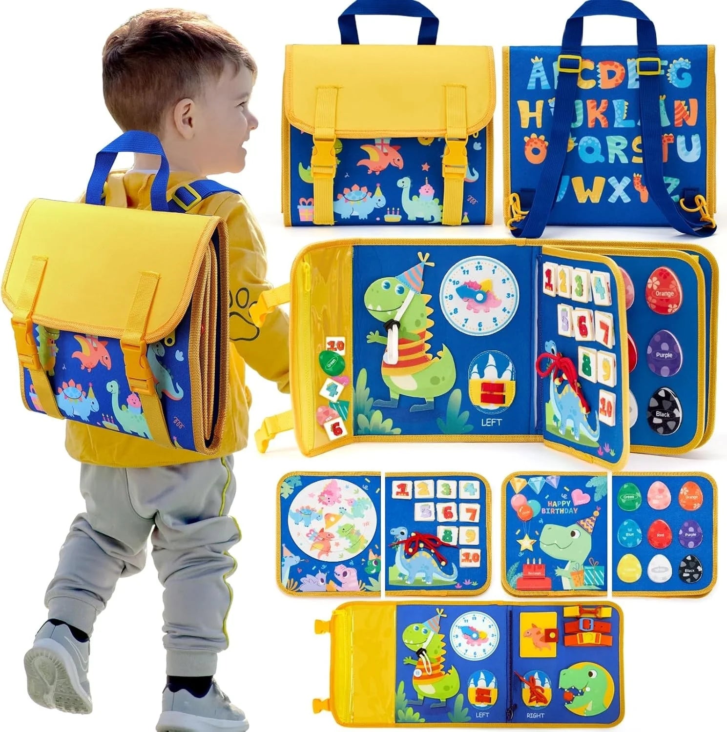 Child wearing a yellow backpack with educational books and toys, featuring dinosaurs and letters.