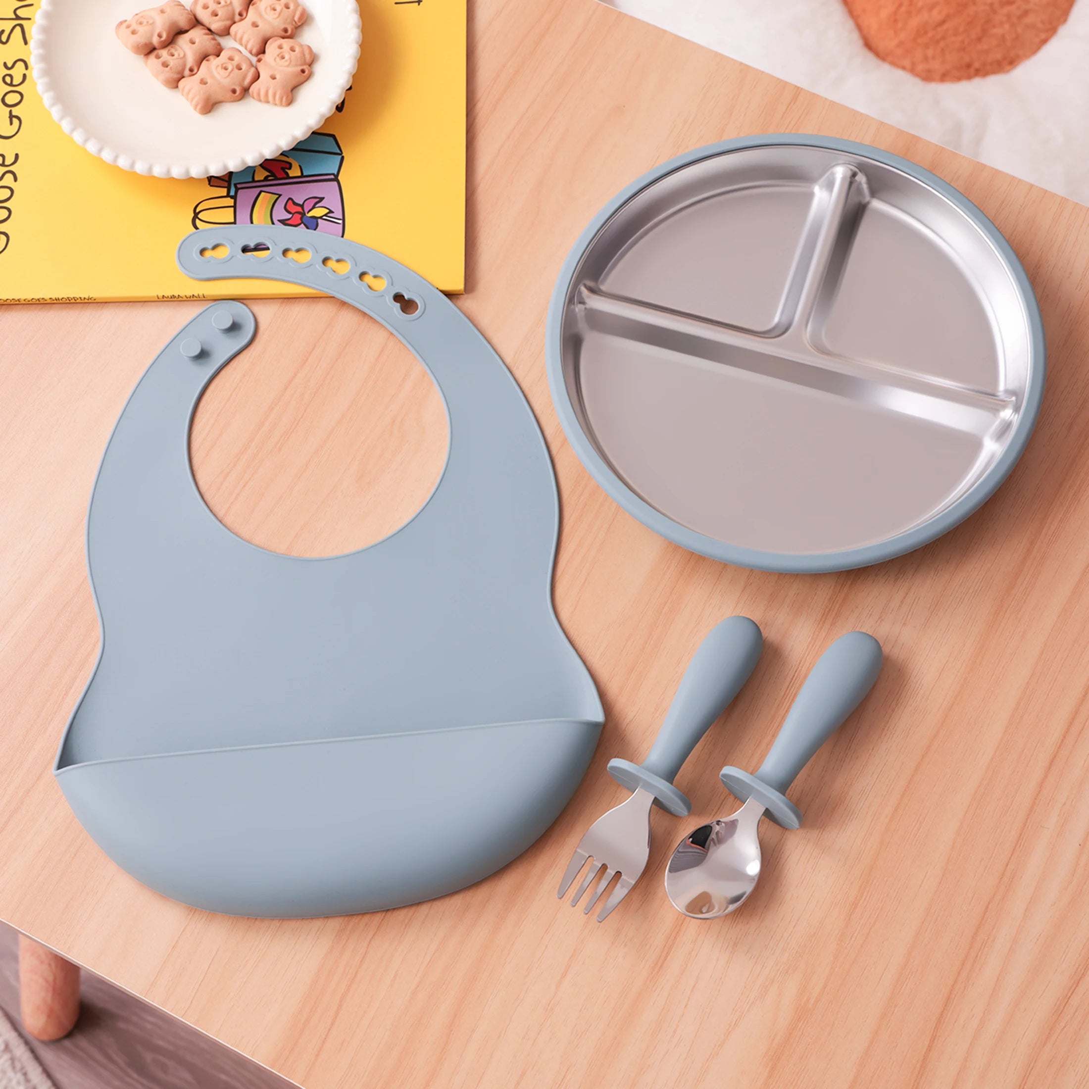 4-Piece Stainless Steel Silicone Feeding Set with Divided Plate and Bib