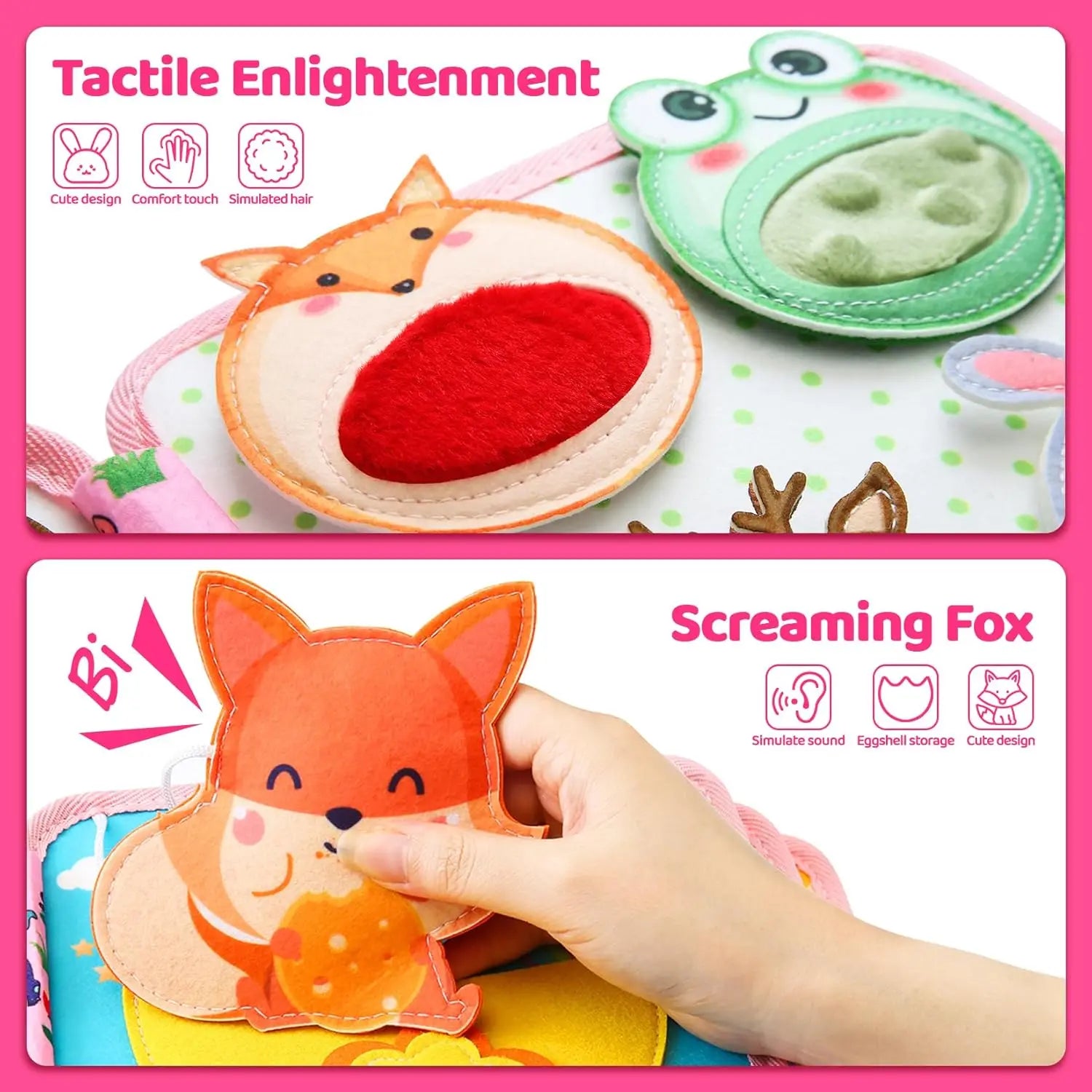 Toy fox with red center and green frog on pink background, hand holding toy fox.