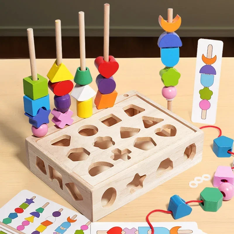 Wooden shape sorting toy with colorful shapes on a wooden table