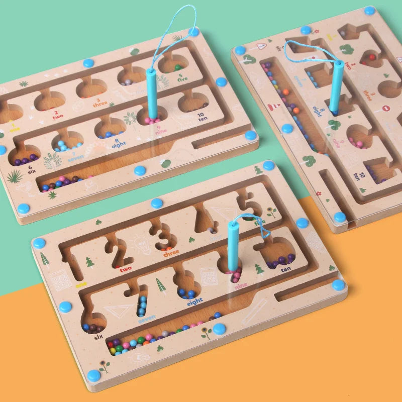 Wooden maze toys with numbered levels on a colorful background