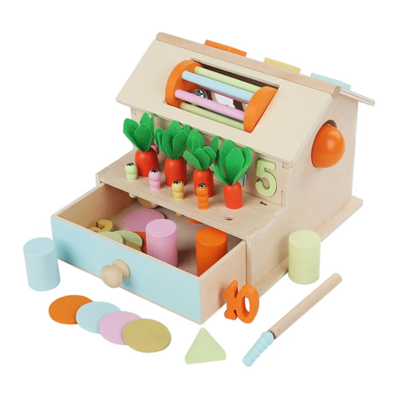 Montessori Fun House & Cash Register Set: Educational wooden toys for toddlers. Features shape sorting, magnetic worm catching, and more for hands-on learning fun.