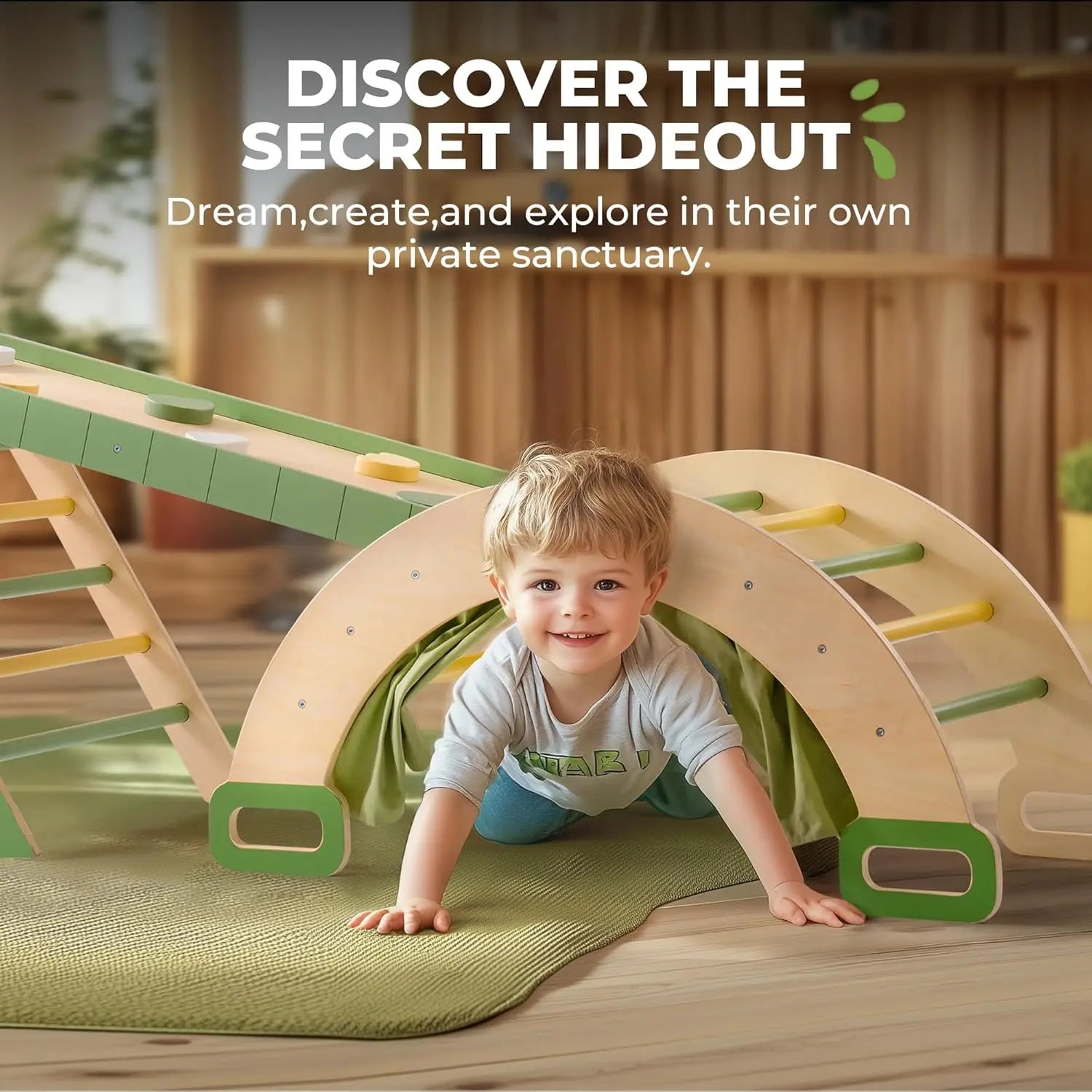 Child playing with a wooden play隧道 set on a wooden floor.
