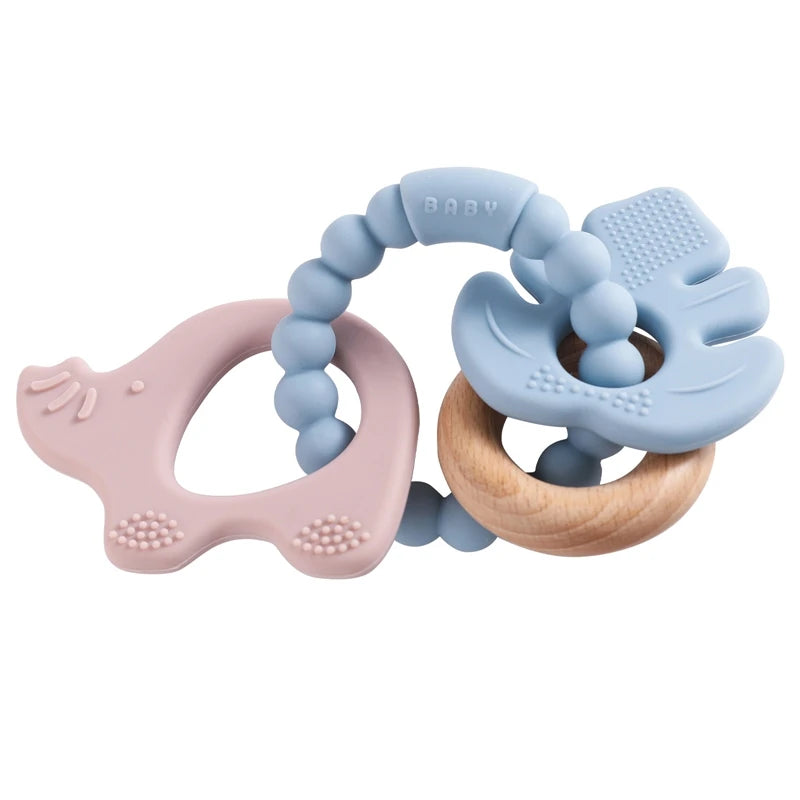 Two baby teething toys, one pink and one blue, on a white background.