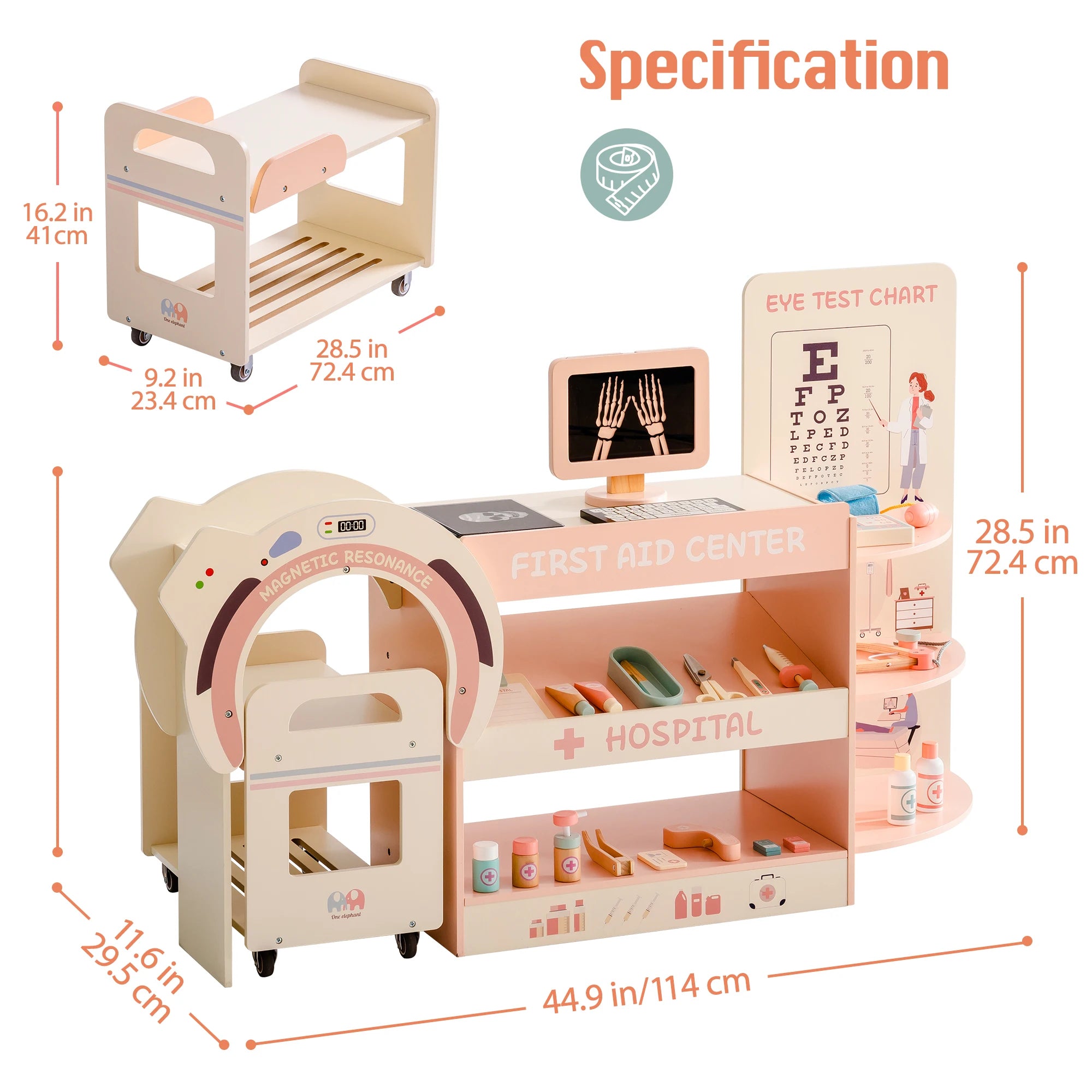 Children's toy medical center with dimensions and specifications on a white background