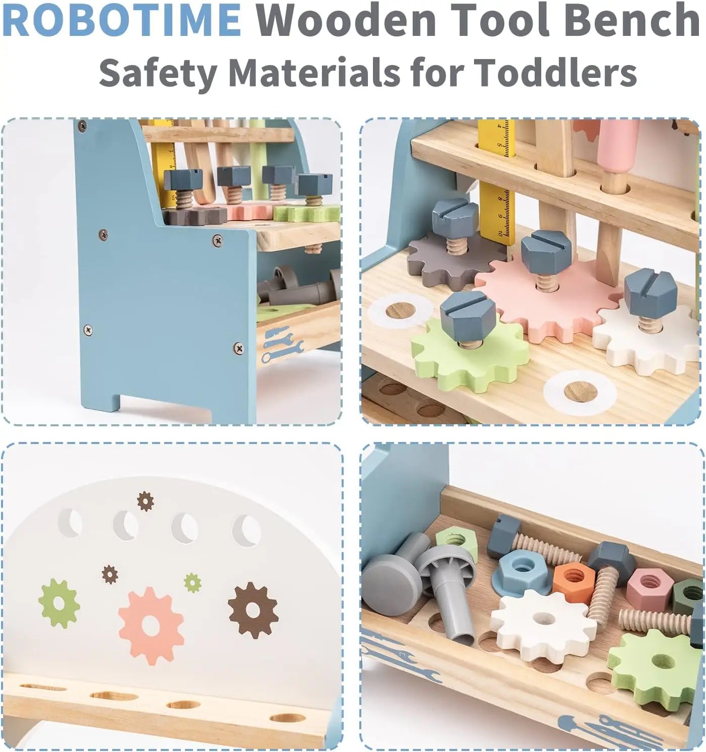 Wooden tool bench safety materials for toddlers with various gears and tools.