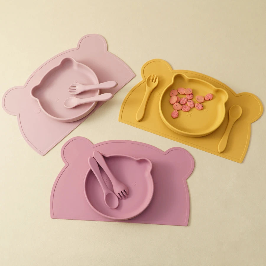 Pink and mustard bear placemat sets with snacks