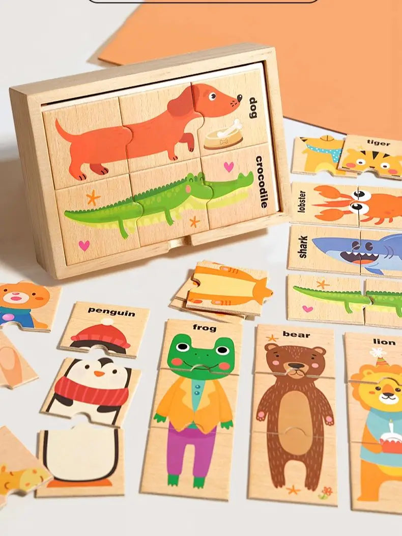 Wooden puzzle with animal illustrations and a box on a light background