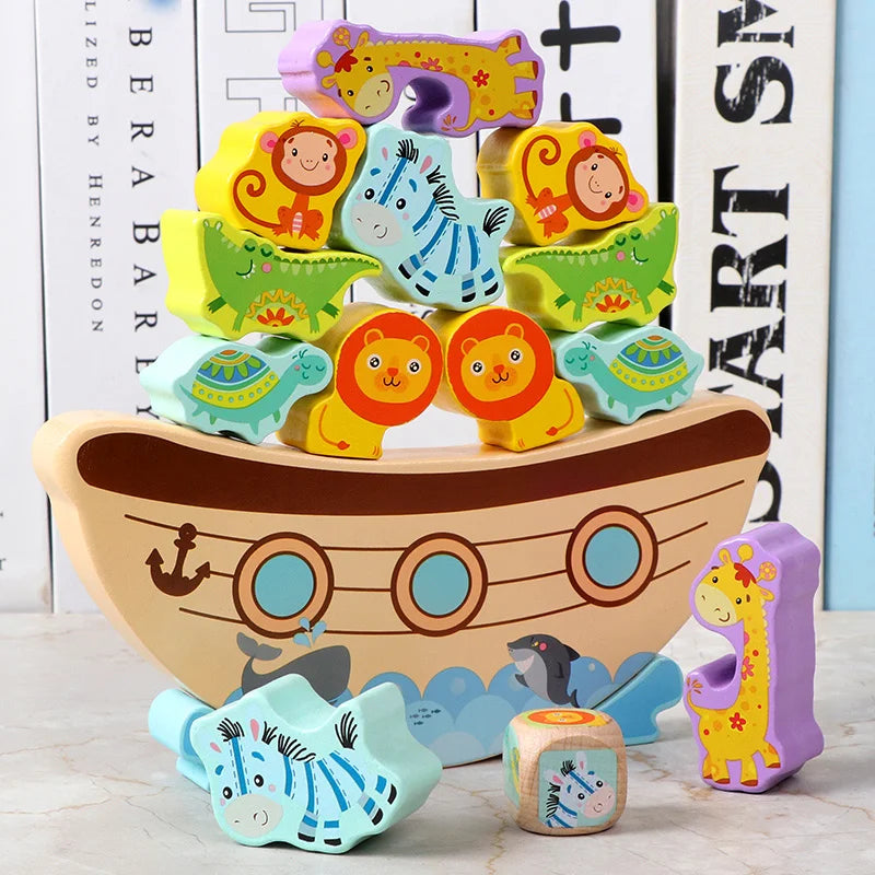 Colorful wooden toy Noah's Ark with animal figures on a light background