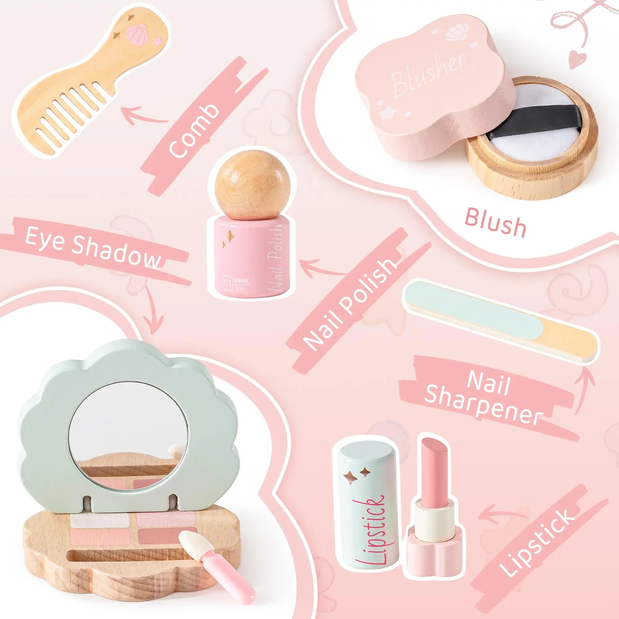 Set of children's makeup items with labels on a pink background