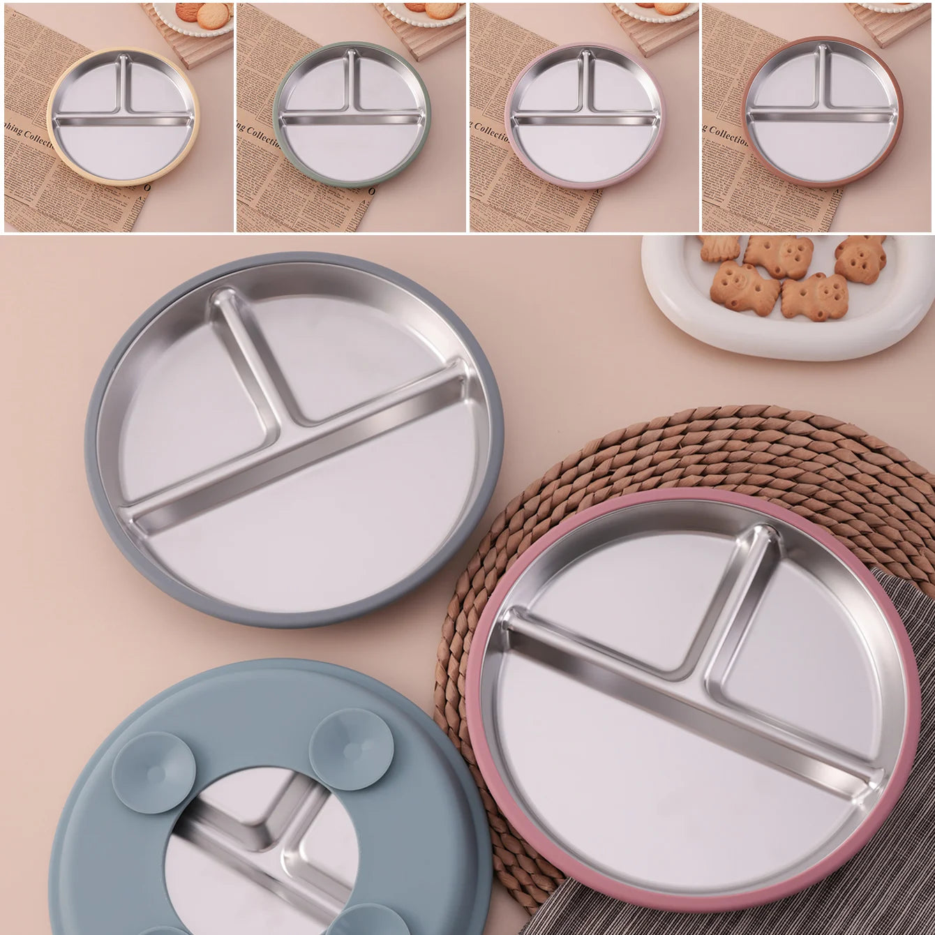 Stainless Steel Divided Plate with Detachable Silicone Suction Base | Oliver & Company Montessori Toys