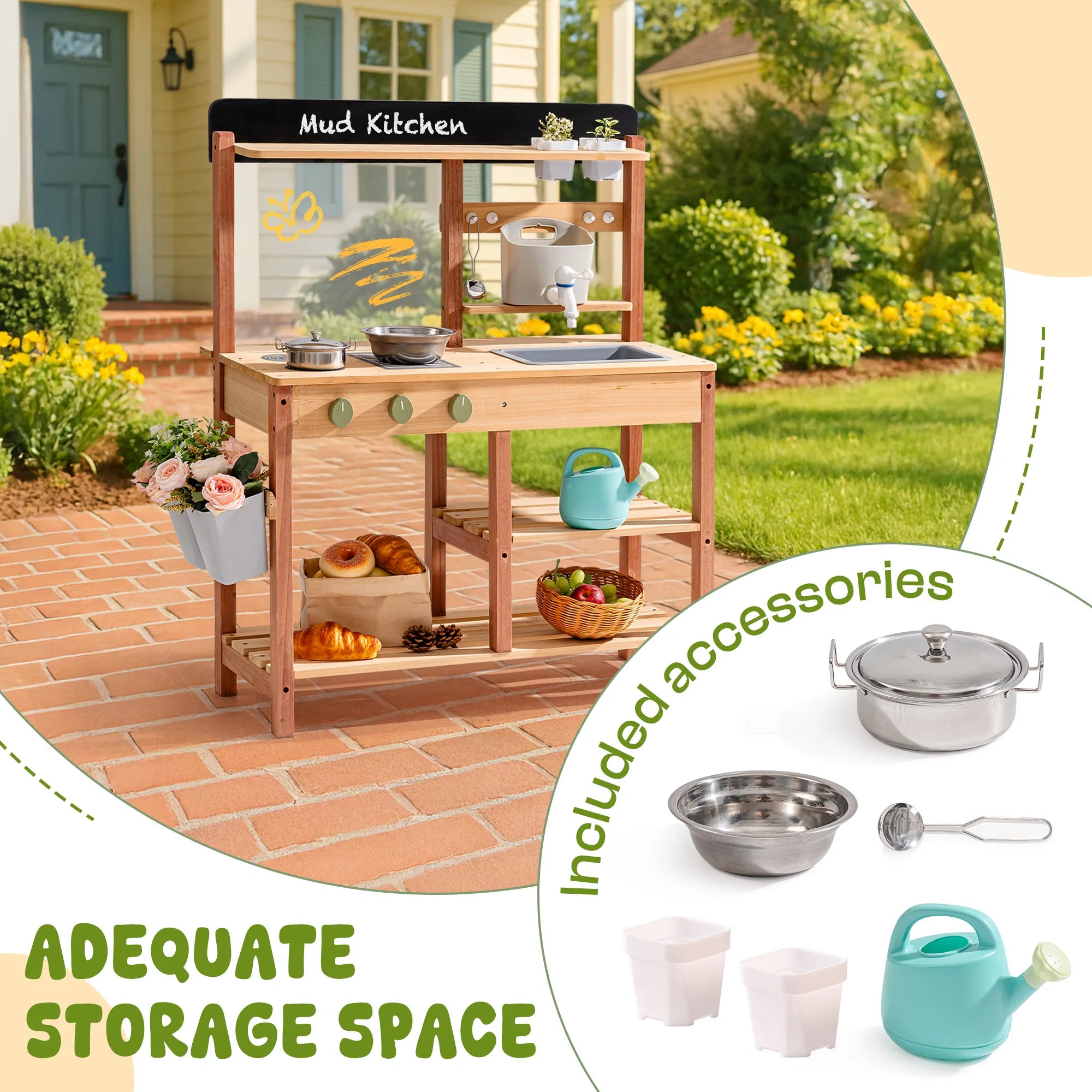 Wooden Outdoor Mud Kitchen with Chalkboard and Sink